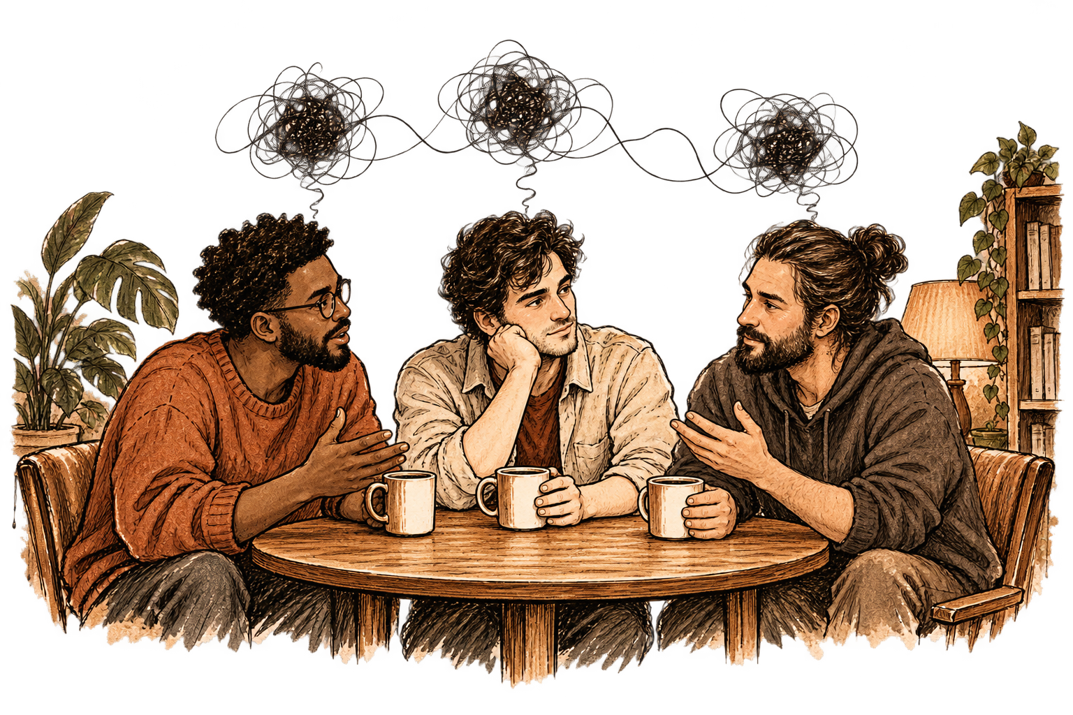 Three men who overthink talking gently together around a table